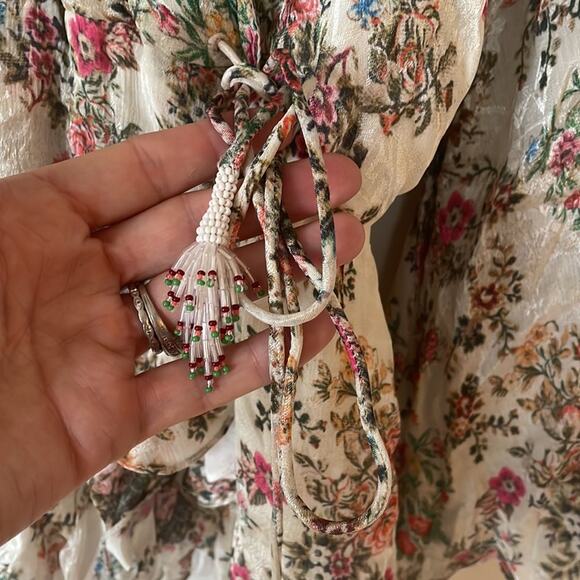 NWT Rococo Sand Ivory Floral Jane Wrap Mini Dress Wrap Beaded Tassel Tie Waist S - Picture 9 of 15